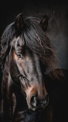 A black horse with a long mane and a dark brown nose