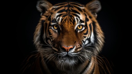 A close-up view captures the tiger's face with an intense and piercing stare, highlighting the animal's fierce expression and striking facial features in stark detail.