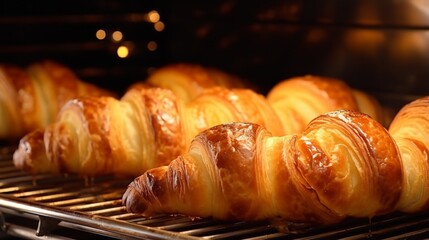 A delicious and enticing image of freshly baked croissants arranged on an oven rack, with a golden-brown flaky crust and inviting warmth emanating from the oven.