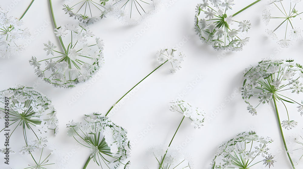 Poster flowering umbrella flowers of dill on a white background top view flat lay creative layout : generat