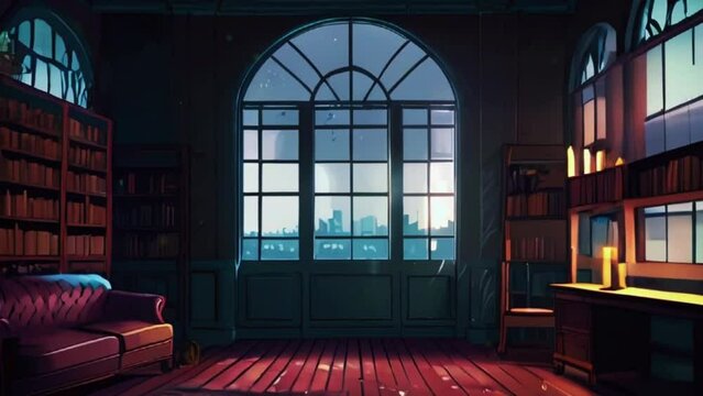 An old, cozy library with rain hitting the large arched windows, dim lighting creating a warm atmosphere, zoom OBS, anime chill hip hop. Cyan purple colours manga style