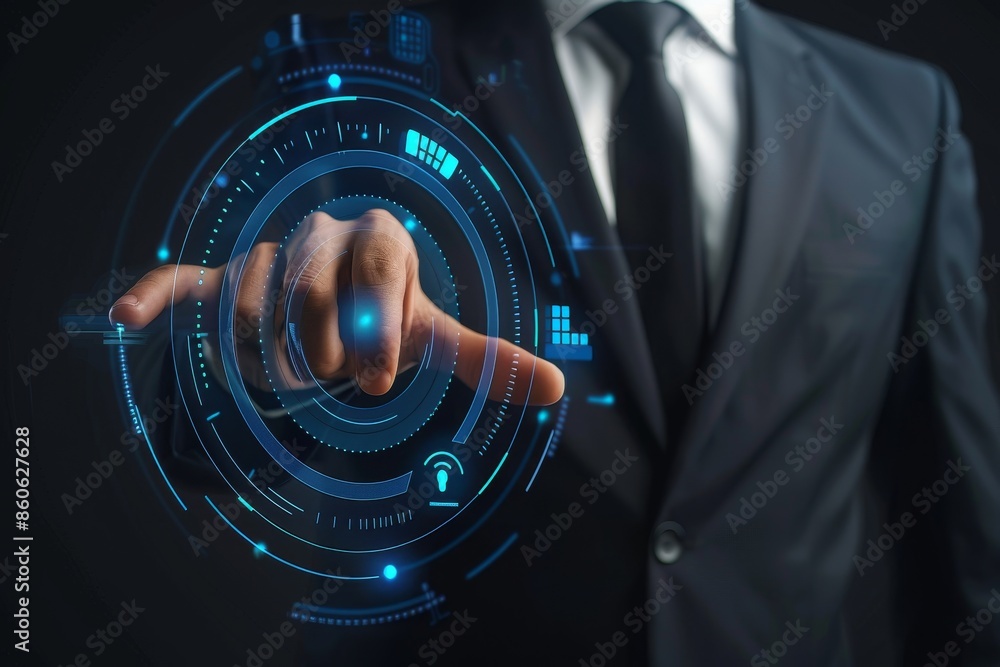 Aufkleber businessman operating advanced touch interface on virtual digital screen backdrop