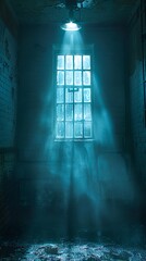 Obraz premium Fluorescent lamps casting a harsh light on a detectives interrogation room, intense and dramatic scene