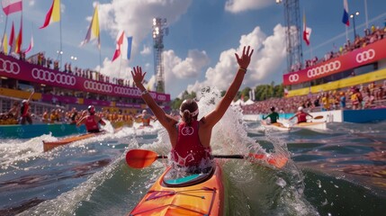 Victorious Moment at the Finish Line of a Canoeing/Kayaking Event during the Paris 2024 Olympic Games