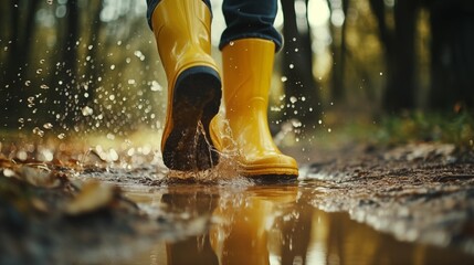 feet in rubber boots rain puddle, fun in the rain, lifestyle