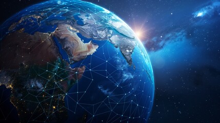 A captivating image of Earth showcasing a web of digital networks across continents from space, emphasizing global connectivity and the advancement of technology worldwide.