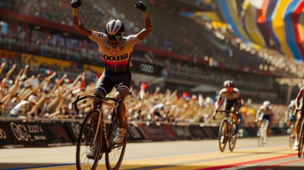 Victorious Moment at the Finish Line of a Cycling Event during the Paris 2024 Olympic Games