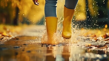 feet in rubber boots rain puddle, fun in the rain, lifestyle