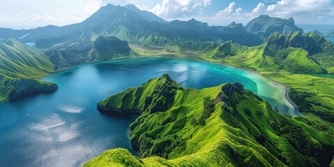 Aerial View of a Lush Green Island with a Turquoise Lagoon