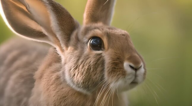 Close up of a rabbit's face looking curious with its ears upright