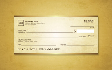 Blank bank check. Checkbook cheque template. Checkbook cheque template with brown theme. Money payment voucher or pay cash cheque certificate.