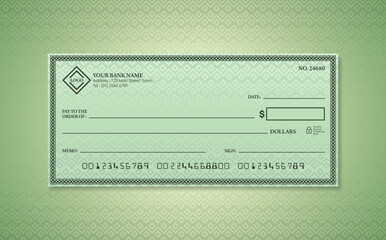Blank bank check. Checkbook cheque template. Checkbook cheque template with green theme. Money payment voucher or pay cash cheque certificate.