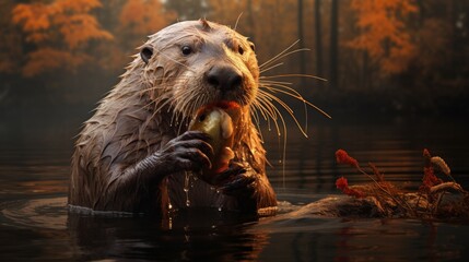 Close-up image of an otter devouring a fish in the water amidst the backdrop of a beautiful sunset, highlighting the otter's natural eating habits.