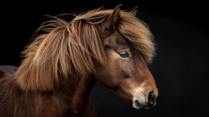 Obraz premium A brown horse with long hair is looking at the camera