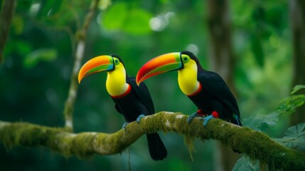 Fototapeta premium Two toucans with vibrant plumage sitting together on a branch, surrounded by the dense, lush foliage of a jungle, highlighting their vivid colors.