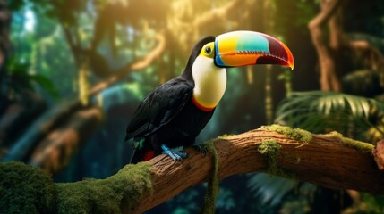 Fototapeta premium A colorful toucan with a strikingly vibrant beak perches gracefully on a moss-covered branch bathed in sunlight, set against a backdrop of lush rainforest foliage, embodying natural beauty.