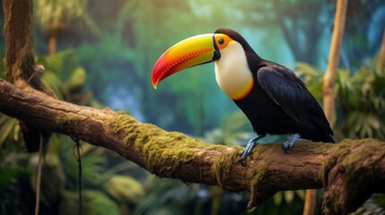 Obraz premium A bright, colorful toucan with a large, iconic beak rests gracefully on a moss-covered branch within a lush green forest, showcasing the beauty and diversity of tropical wildlife.