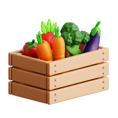 Fresh Vegetables and fruit in wooden box harvest product 3d icon illustration render design