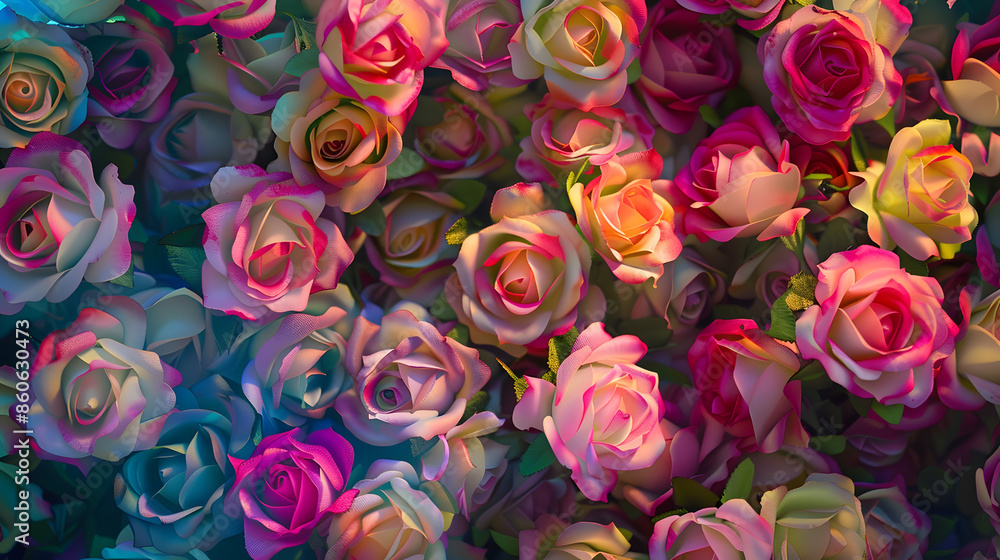 Aufkleber Selective focus of multi colour of artificial roses flowers backdrop Mixed colourful pattern texture of flora Can be used as background for display or montage products Abstract nature  : Generative AI