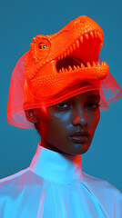 An avant-garde and striking image of a person dressed in an eye-catching, futuristic outfit. The individual is wearing a vibrant orange high-collared coat with layered, sculptural elements.  