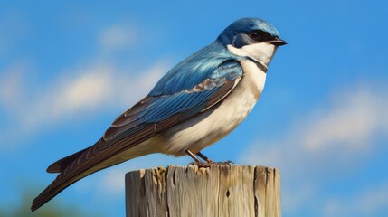 A striking blue and white bird sitting on a wooden post, set against a vivid blue sky backdrop, showcasing avian beauty and the peaceful environment of a natural habitat.