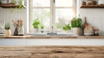 Fototapeta premium Kitchen table top for product display with blurred modern interior