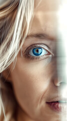 A close-up, artistic portrait of a woman’s face, focusing intensely on her striking blue eye. The image is partially obscured by a vertical blur effect, creating a sense of depth and mystery.  