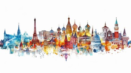 A vibrant watercolor composition showcasing iconic global buildings, including the Eiffel Tower and St. Basil's Cathedral, celebrating cultural diversity and artistic elegance.