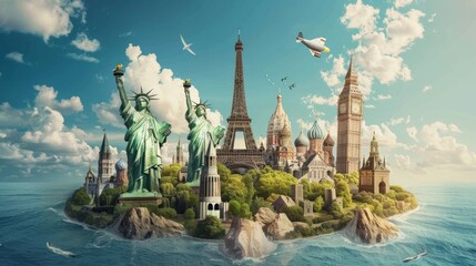 An illustrated island bustling with famous landmarks like the Eiffel Tower and Statue of Liberty, blending various cultures and architectures into one scenic view.
