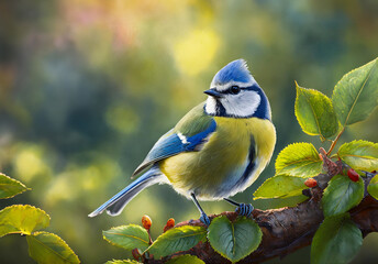 Obraz premium Bluetit bird sitting on a tree branch between leaves, blurred background