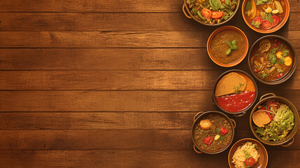 Various dishes on wooden tabletop