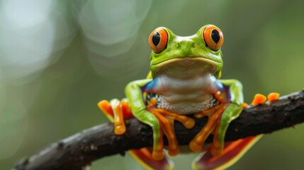 Naklejka premium A brightly colored tree frog with striking red eyes sits attentively on a branch, with vibrant green foliage in the background, showcasing the beauty of the jungle.