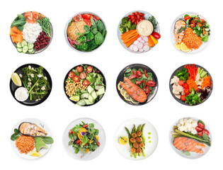 Set of different healthy meals on white background, top view