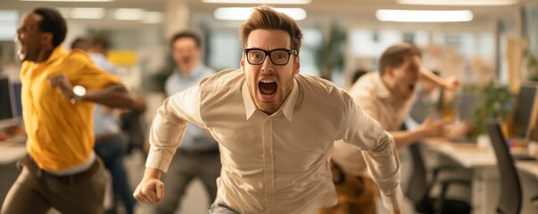 Office workers are captured in a frantic rush through the workspace, led by a man in glasses, all displaying urgency and intense concentration against a dynamic office background.