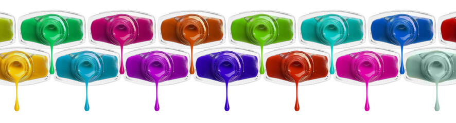 Nail polish of different colors dripping from bottles on white background, collection