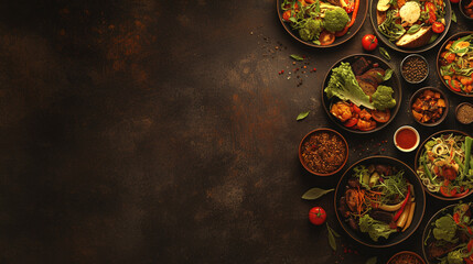 Variety of healthy meals on brown background
