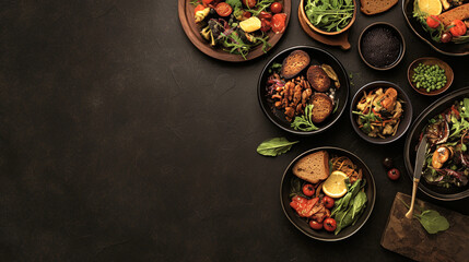 Delicious dinner plates on dark background
