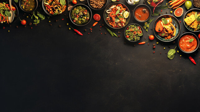 Bowls of colorful food on a black background