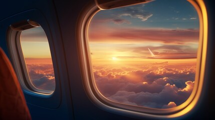 Fototapeta premium Gazing through airplane window at sunset.