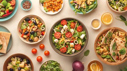 Mediterranean salad bowls with flatbread and vegetables