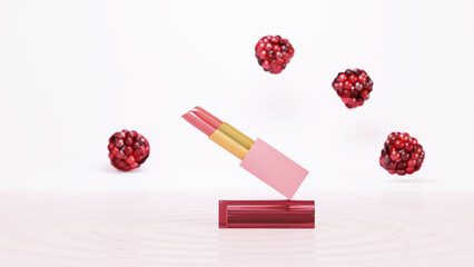 lipstick with blurred red berries background 3D rendering