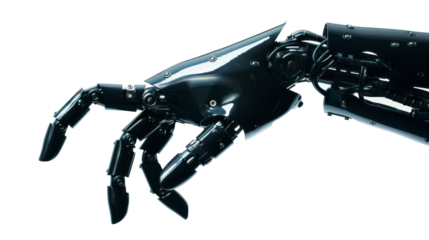 Black robot hand reaching out. A close-up of a black robot hand reaching out with its fingers spread, isolated on white.