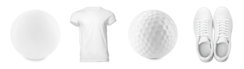 Sport equipment, t-shirt and sneakers isolated on white, set