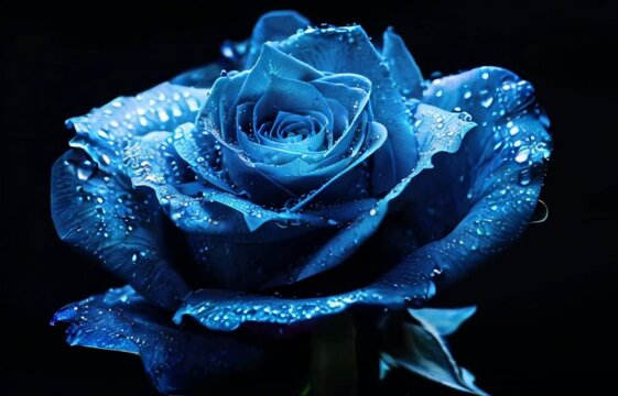 Blue rose with drops of water on black background