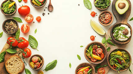 Fresh vegetables and bread on white background