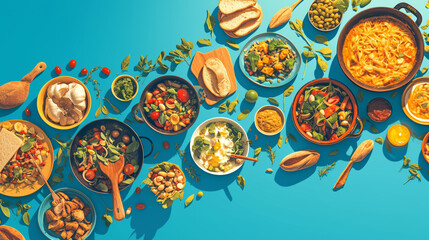 Colorful food spread on blue background