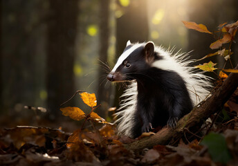 Fototapeta premium Skunk in forest leaves portrait, woodland animals, forest nature creatures