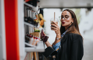 Businesswoman in a suit with glasses enjoying a refreshing drink at an outdoor food stand during a break.
