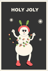 Vertical xmas banner with groovy character. Christmas groovy character with y2k elements poster or greeting card. Happy New Year and Christmas Template in retro style.