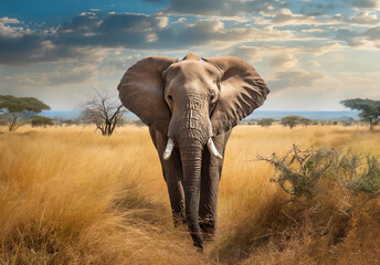 Obraz premium Elephant in tall and yellow savannah grass, savannah desert fauna, wildlife animals